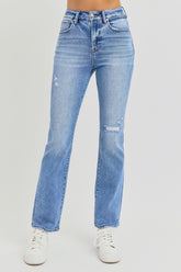 RISEN Women's Distressed High-Rise Ankle Straight Jeans - Chic Vintage Style with Comfort